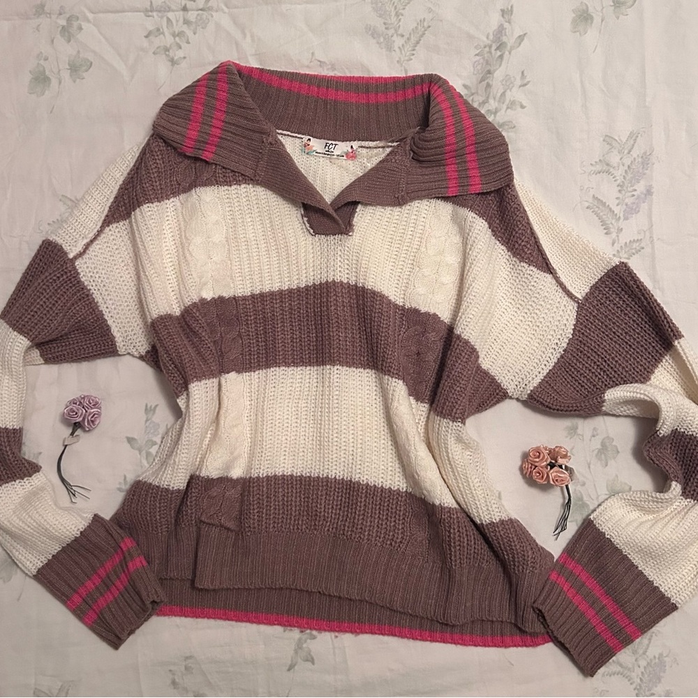Striped Cowl Neck Sweater - Cream and Brown with Pink Accents